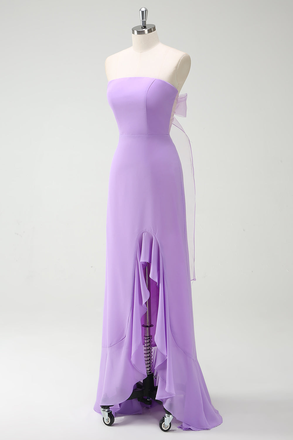 Simple Purple Strapless Chiffon Long Bridesmaid Dress With Slit