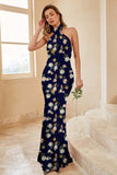 Navy Bloom Mermaid Halter Bridesmaid Dress