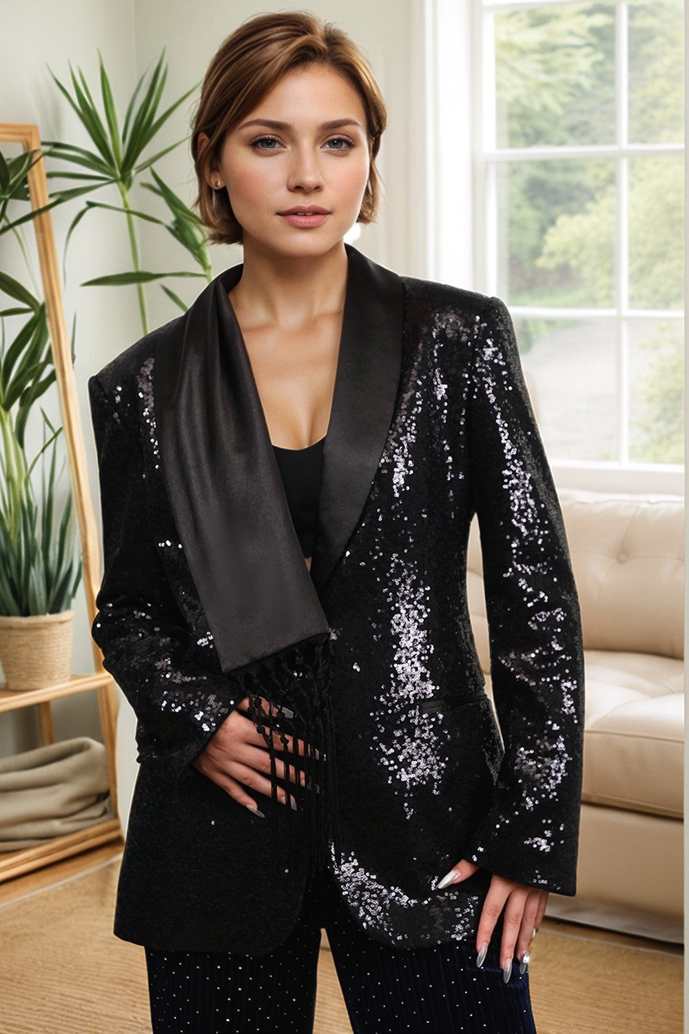 Sparkly Black Women's Party Blazer with Fringes