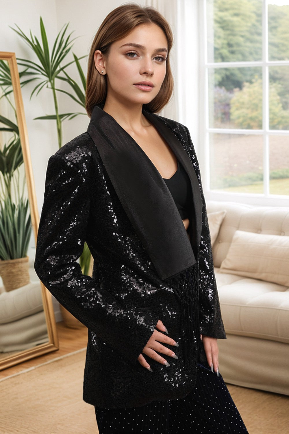 Sparkly Black Women's Party Blazer with Fringes