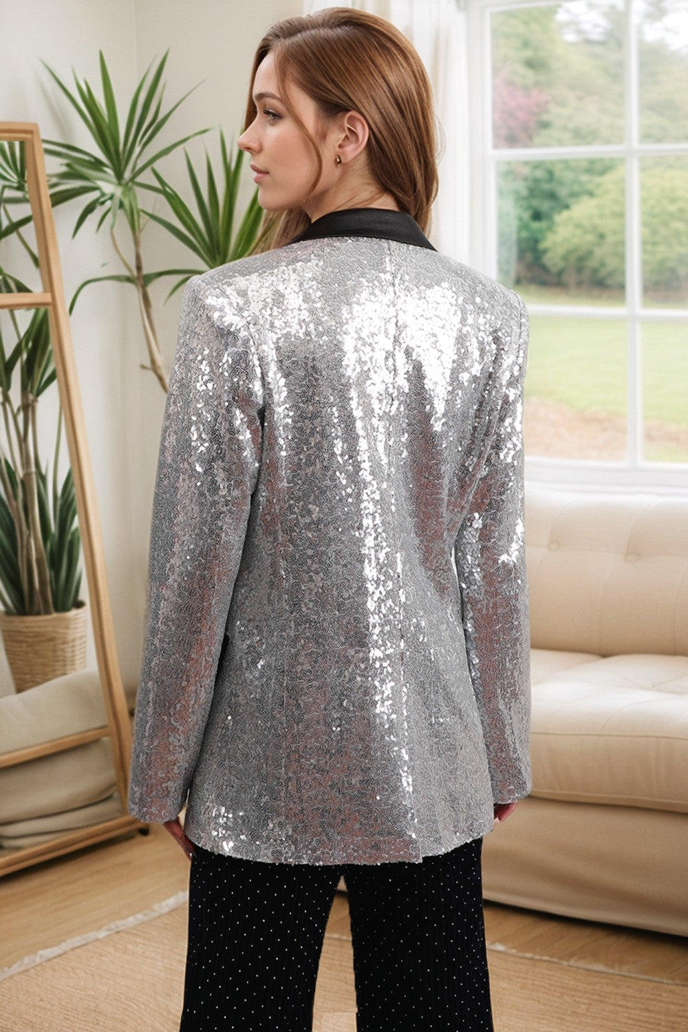 Sparkly Silver Black Peak Lapel One Button Women's Prom Blazer