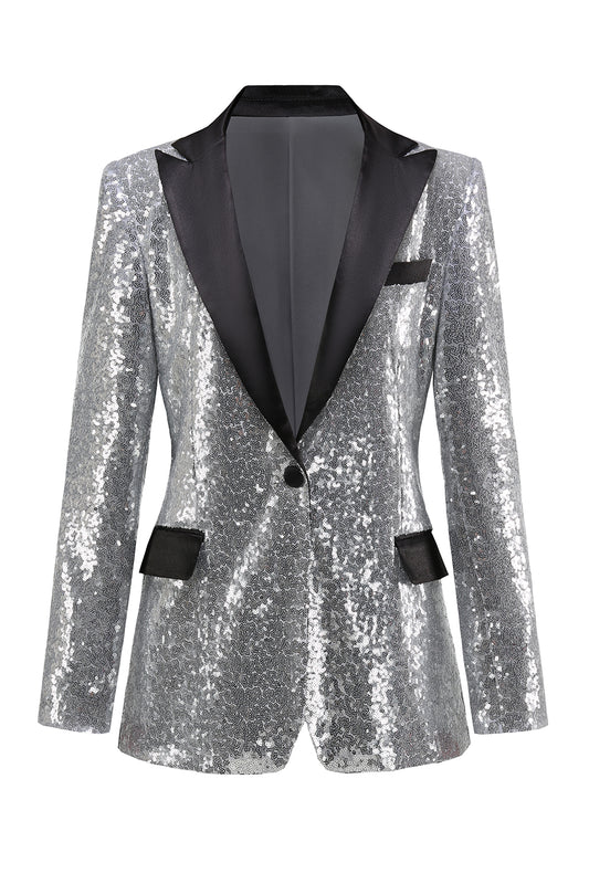 Sparkly Silver Black Peak Lapel One Button Women's Prom Blazer