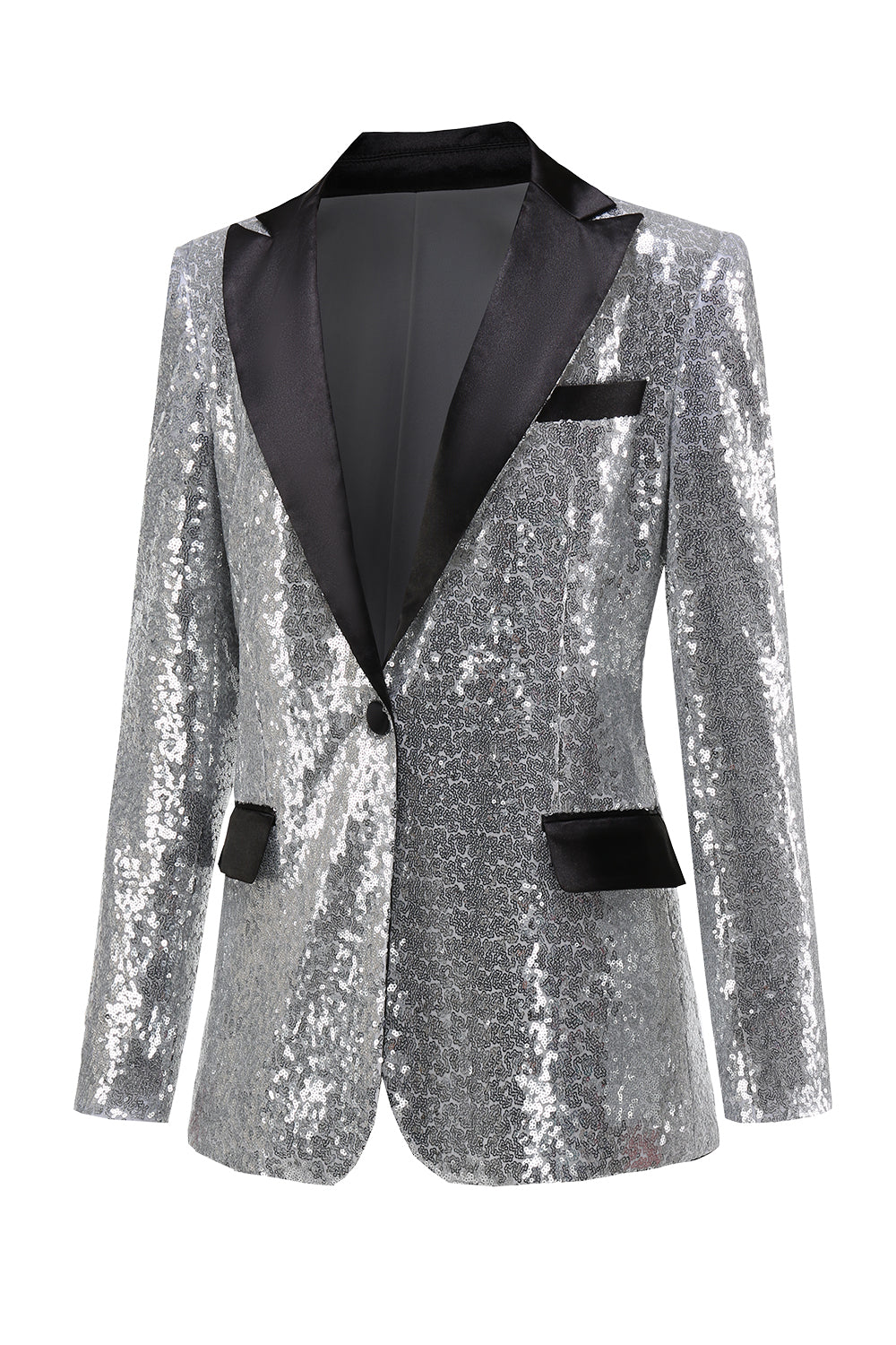 Sparkly Silver Black Peak Lapel One Button Women's Prom Blazer