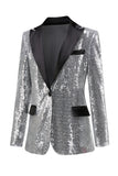 Sparkly Silver Black Peak Lapel One Button Women's Prom Blazer