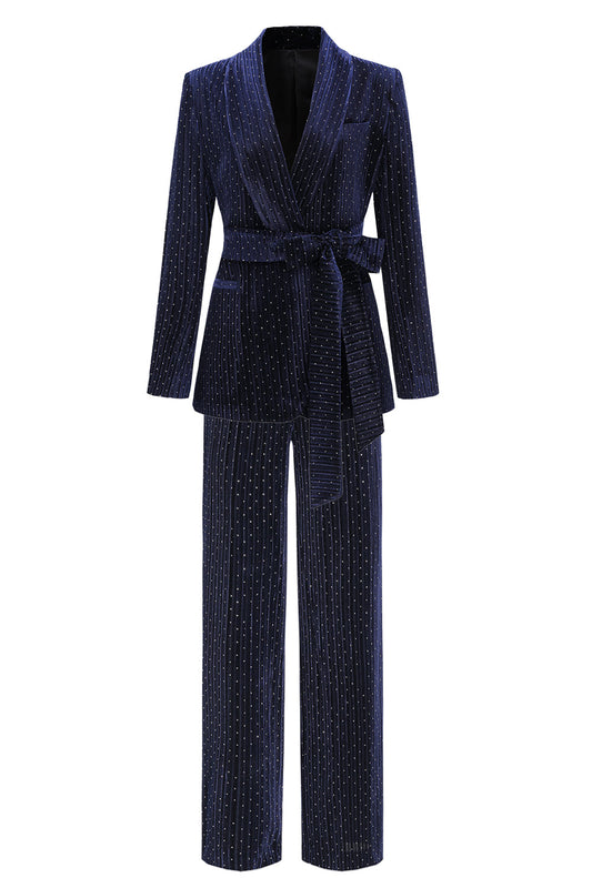 Navy Shawl Lapel 2 Pieces Women's Suits with Belt