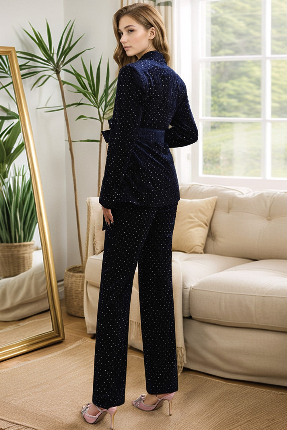 Sparkly Navy 2 Piceces Shawl Lapel Women's Suits