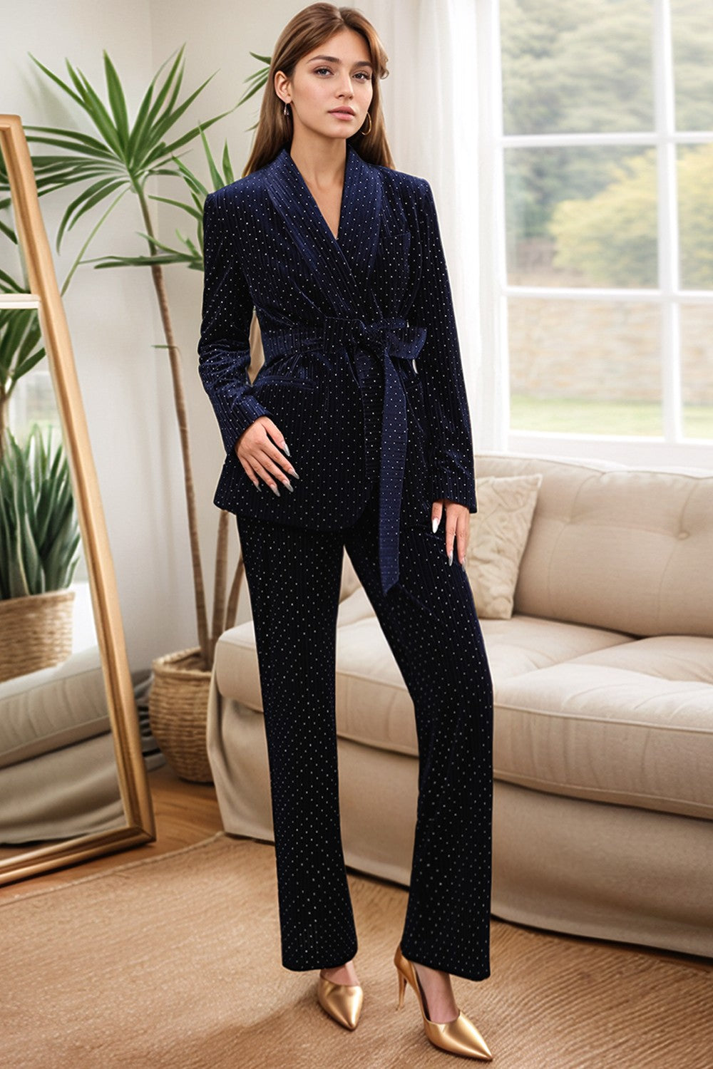 Sparkly Navy 2 Piceces Shawl Lapel Women's Suits