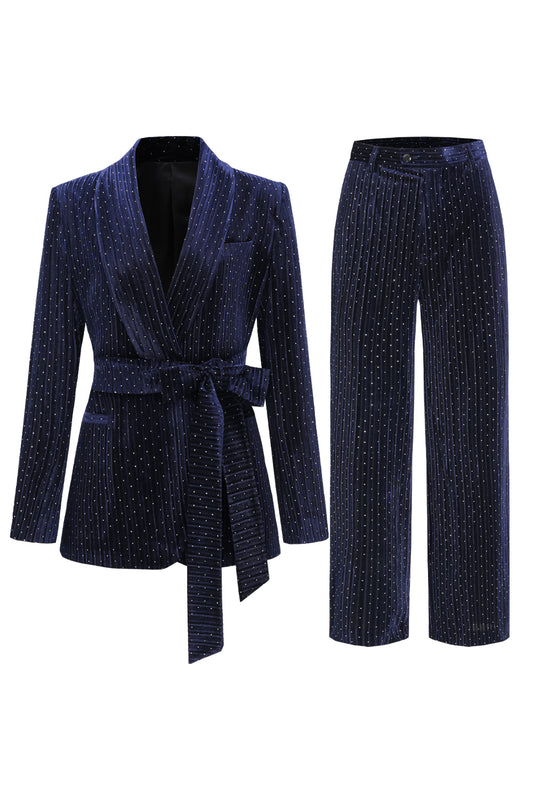 Sparkly Navy 2 Piceces Shawl Lapel Women's Suits with Beadings