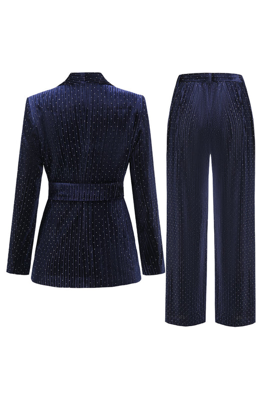 Sparkly Navy 2 Piceces Shawl Lapel Women's Suits with Beadings