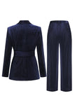 Sparkly Navy 2 Piceces Shawl Lapel Women's Suits