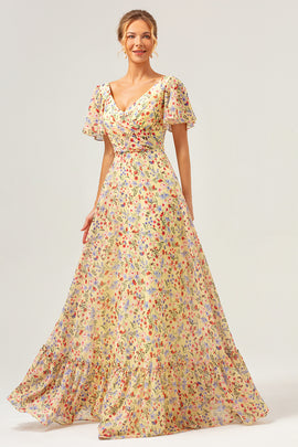 Yellow Flower Printed A-Line V-neck Short Sleeves Long Prom Dress