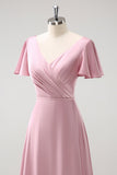 Pink A-Line Ruffle Wrap Short Sleeves Long Satin Bridesmaid Dress