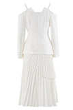 White Belted Pleated Chiffon Women Blazer