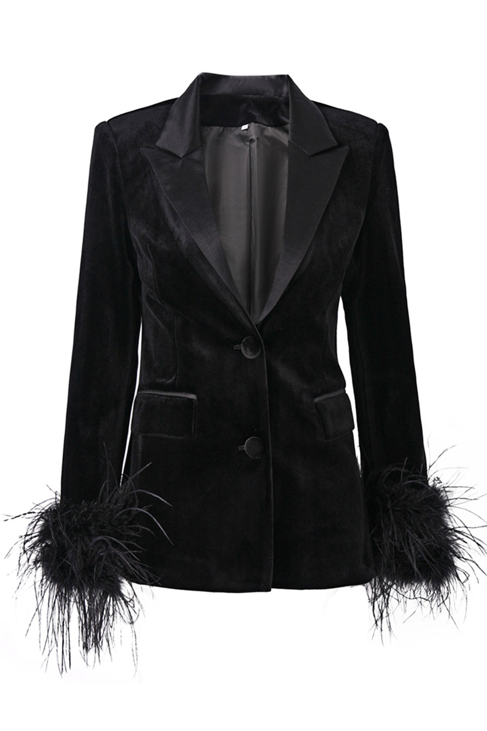 Black Peak Lapel Velvet Blazer with Feathers