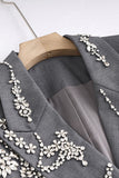 Sparkly Grey Peak Lapel Beaded Double-Breasted Blazer Dress