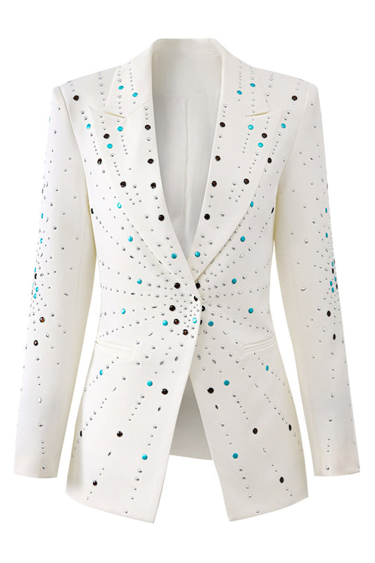 Sparkly White Peak Lapel Blazer with Beadings