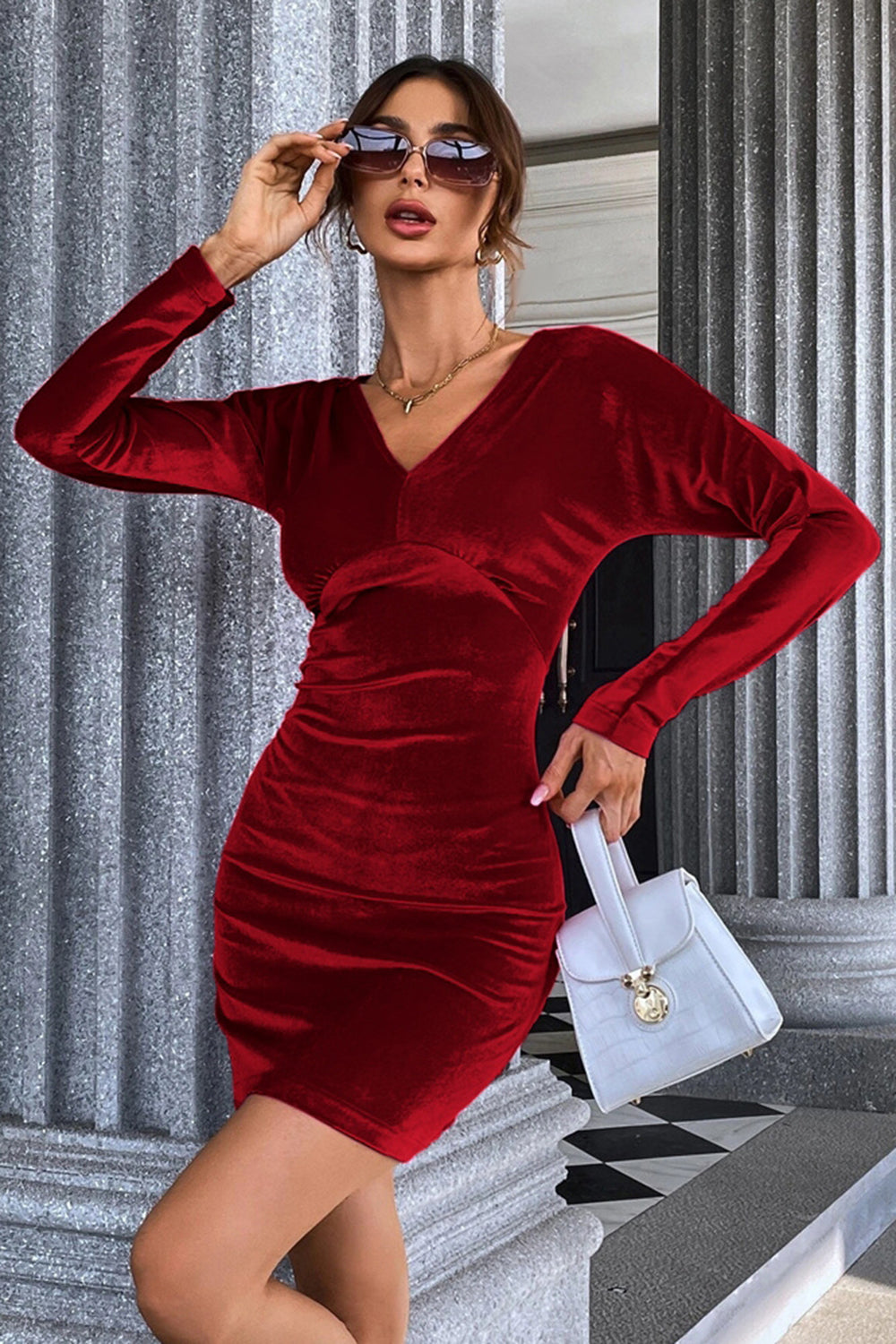 Burgundy V-Neck Velvet Short Party Dress