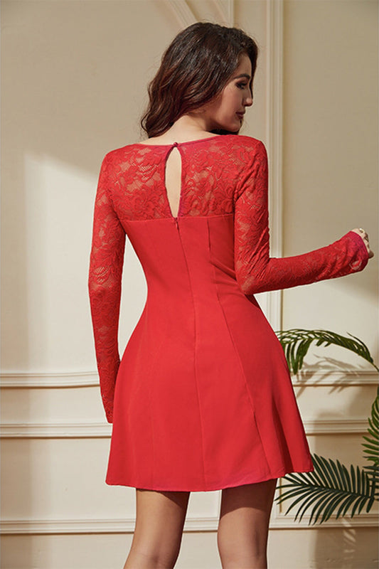 Red A-Line Lace Long Sleeves Short Party Dress