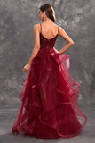 Sparkly Burgundy A-Line Ruffle Tiered Long Prom Dress with Sequins