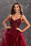 Sparkly Burgundy A-Line Ruffle Tiered Long Prom Dress with Sequins