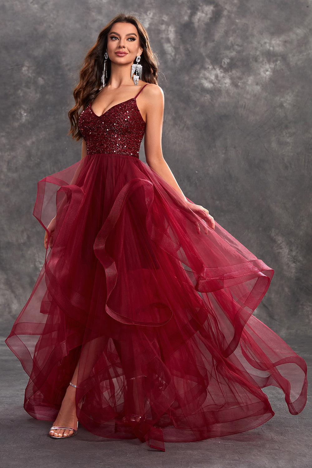 Sparkly Burgundy A-Line Ruffle Tiered Long Prom Dress with Sequins