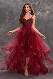 Sparkly Burgundy A-Line Ruffle Tiered Long Prom Dress with Sequins