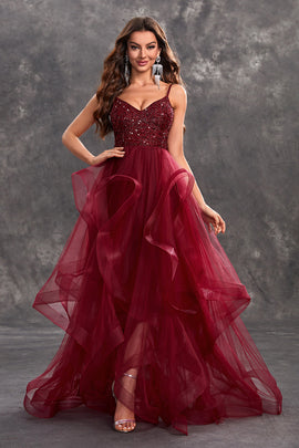 Sparkly Burgundy A-Line Ruffle Tiered Long Prom Dress with Sequins