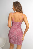 Sparkly Pink Tight Sequins Spaghetti Straps Homecoming Dress with Slit