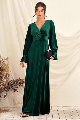 Dark Green V Neck Velvet Wrap Long Prom Dress with Long Sleeves