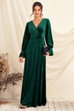 Dark Green V Neck Velvet Wrap Long Prom Dress with Long Sleeves