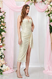 Apricot Spaghetti Straps Bodycon Long Prom Dress with Slit