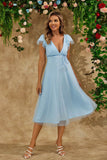 Sky Blue A Line V Neck Tulle Cocktail Dress