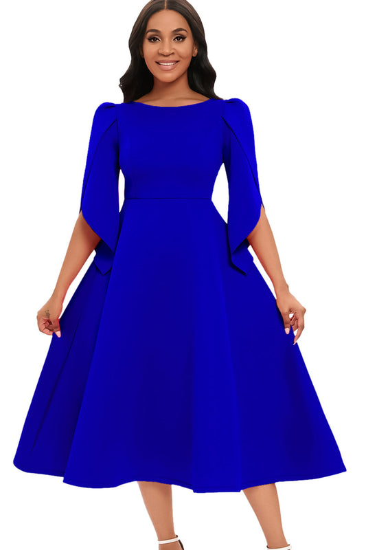 Fashion Elegant Royal Blue A Line Solid Swing Dress with Half Sleeves