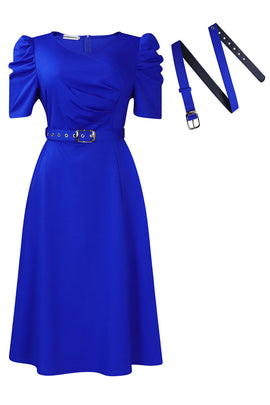 Royal Blue A Line V Neck Short Sleeves Cocktail Dress with Belt