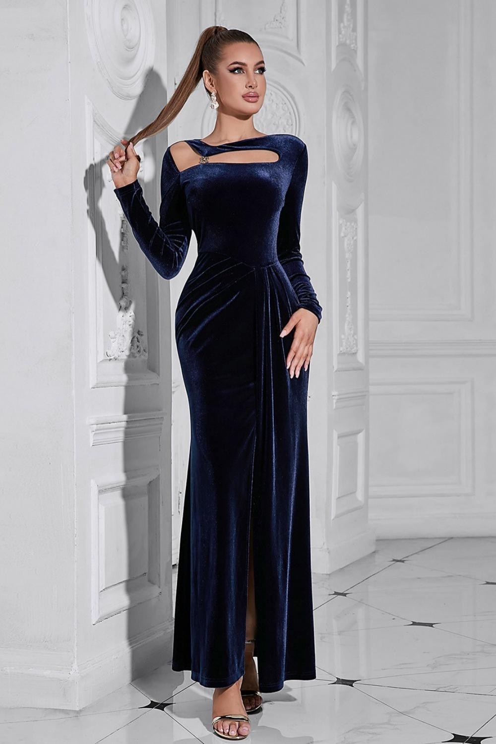 Dark Blue Long Sleeves Velvet Prom Dress with Slit