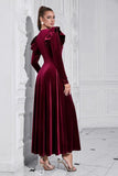 A Line V Neck Burgundy Ruffled Long Velvet Prom Dress