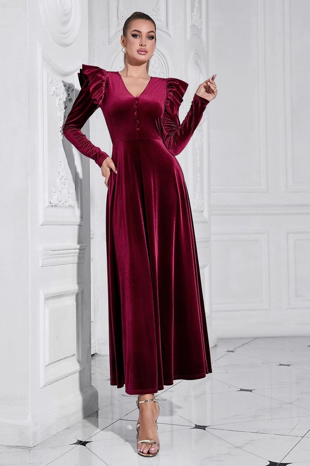 A Line V Neck Burgundy Ruffled Long Velvet Prom Dress