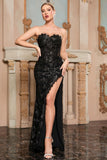 Black Mesh Patchwork Strapless Long Prom Dress