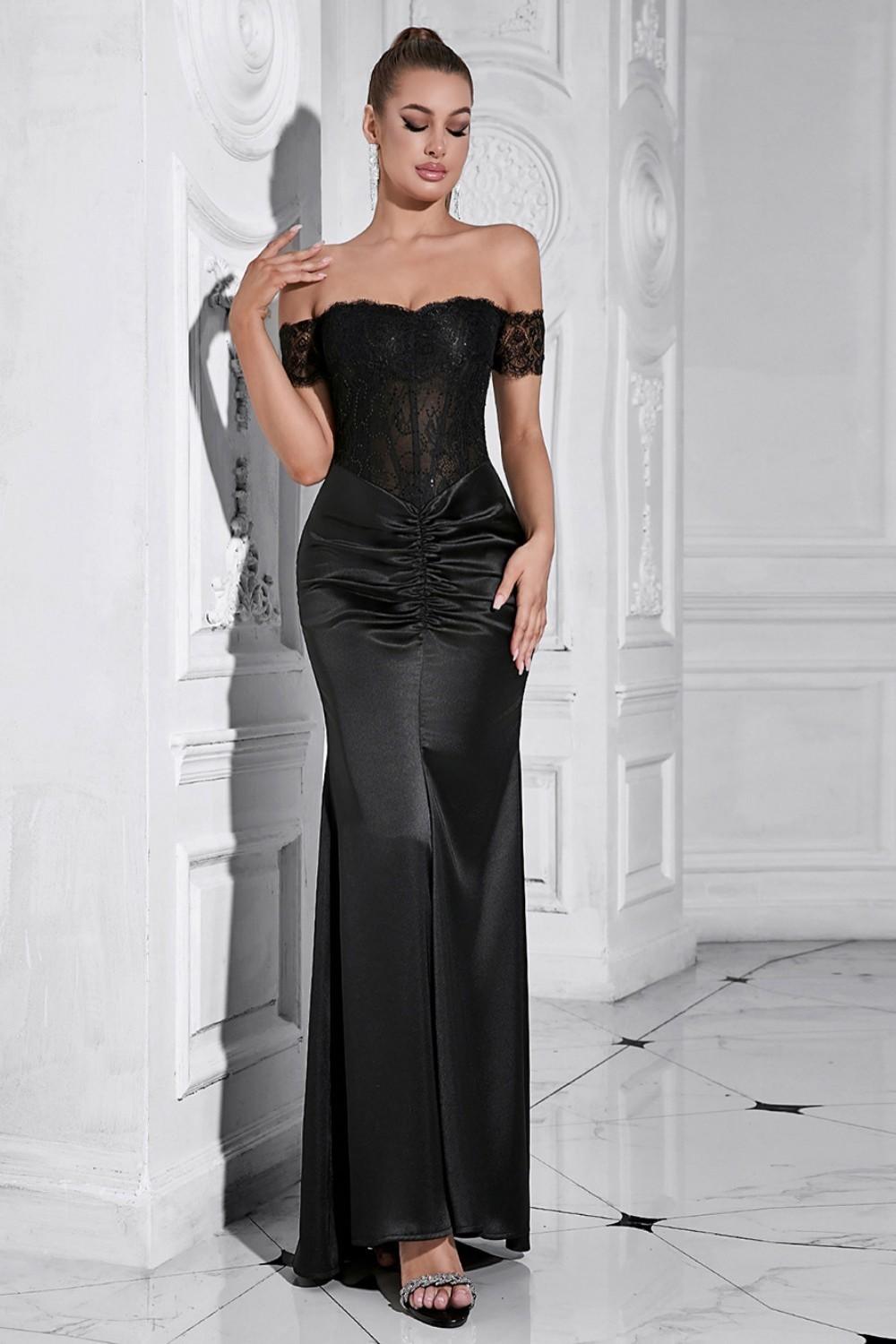 Black Mermaid Off the Shoulder Ruched Corset Long Prom Dress