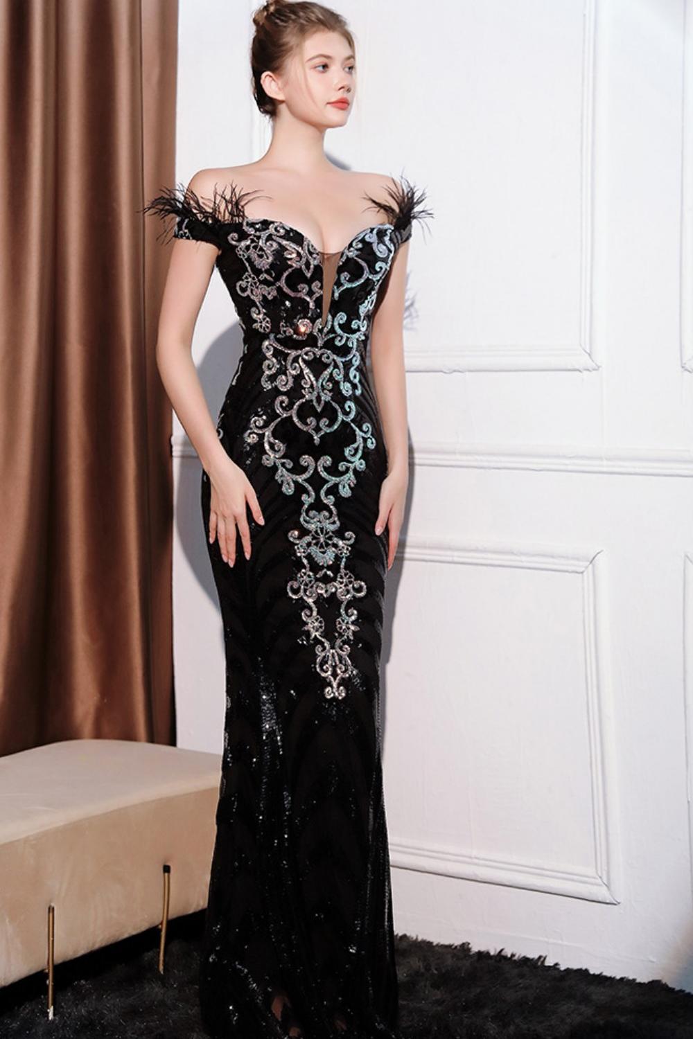 Glitter Black Mermaid Off the Shoulder Long Prom Dress with Feather