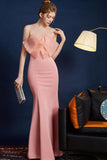 Pink Mermaid Strapless Long Prom Dress with Bow