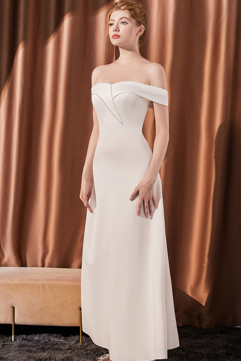 White Off The Shoulder Satin Long Prom Dress