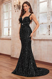 Glitter Sequins Black Mermaid Spaghetti Straps Long Prom Dress