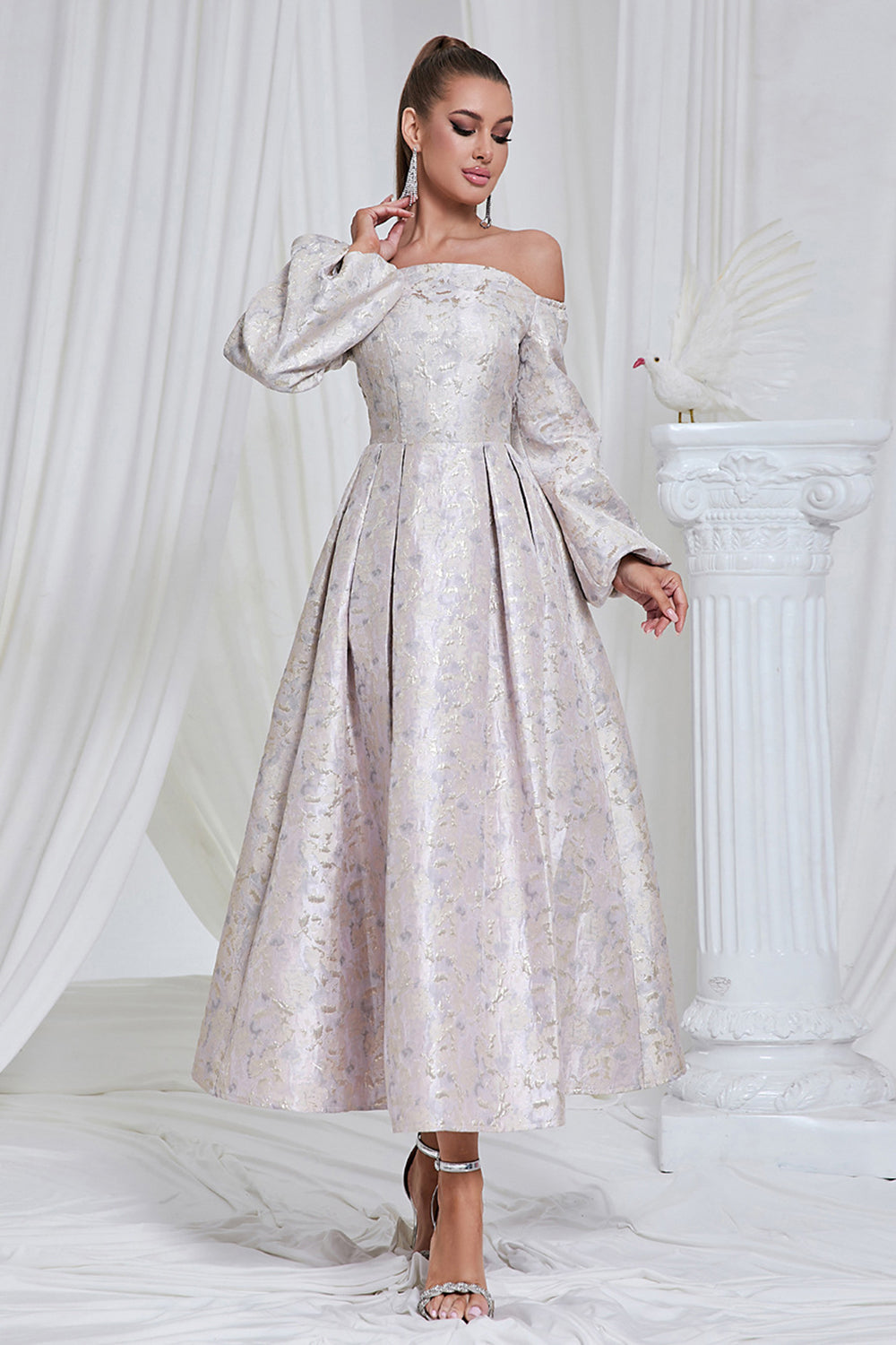 Lilac Pleated Off the Shoulder A Line Long Prom Dress with Long Sleeves