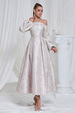 Lilac Pleated Off the Shoulder A Line Long Prom Dress with Long Sleeves