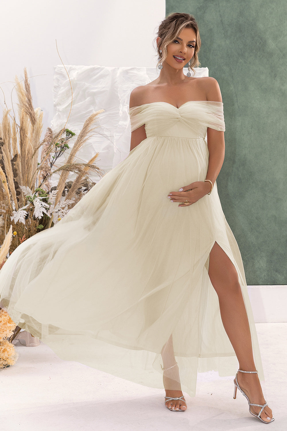 Apricot A Line Off the Shoulder Maternity Bridesmaid Dress witn Slit