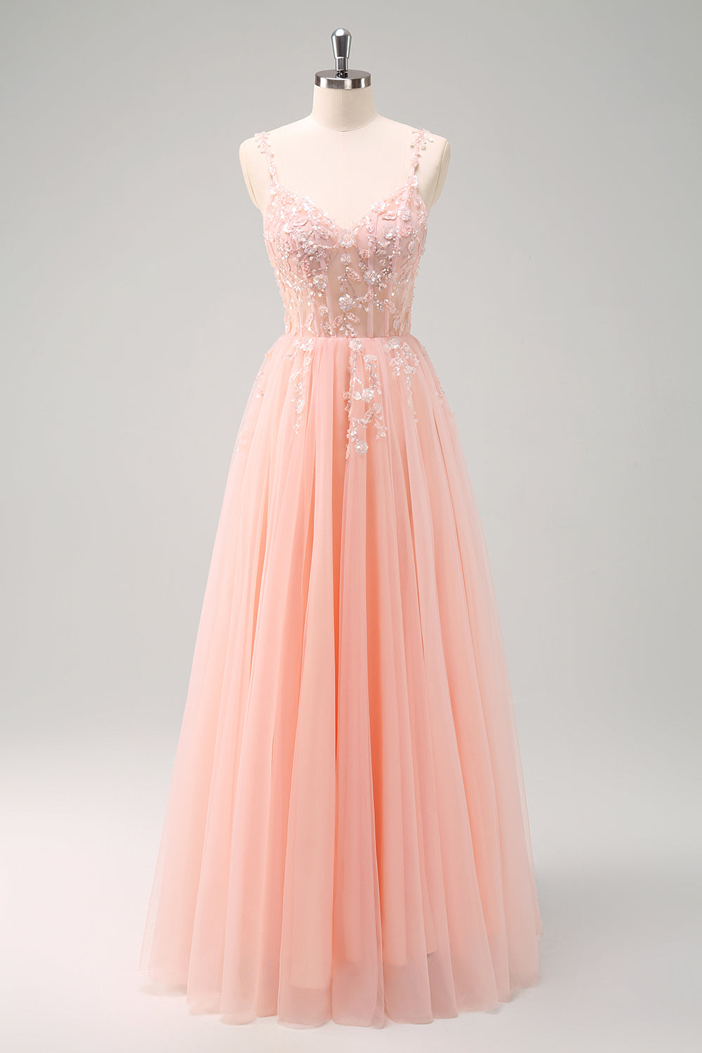 Sparkly Floral Blush Corset Tulle Long Prom Dress