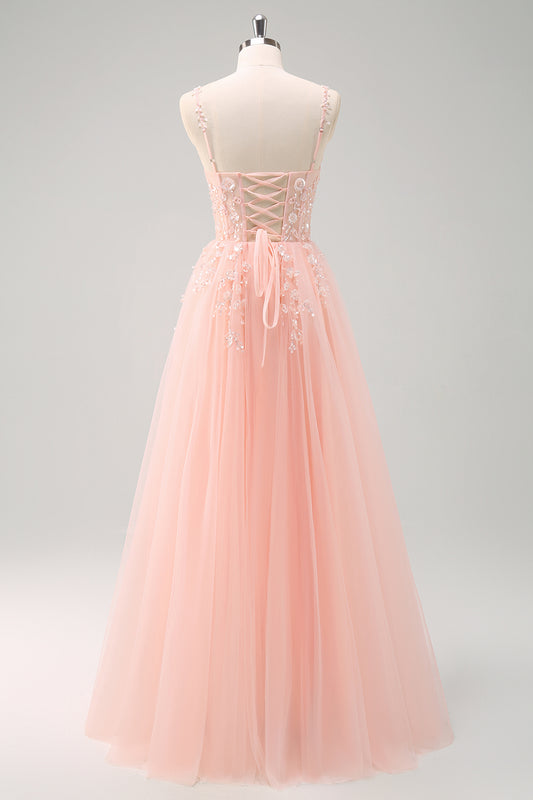 Sparkly Floral Blush Corset Tulle Long Prom Dress