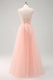 Sparkly Floral Blush Corset Tulle Long Prom Dress