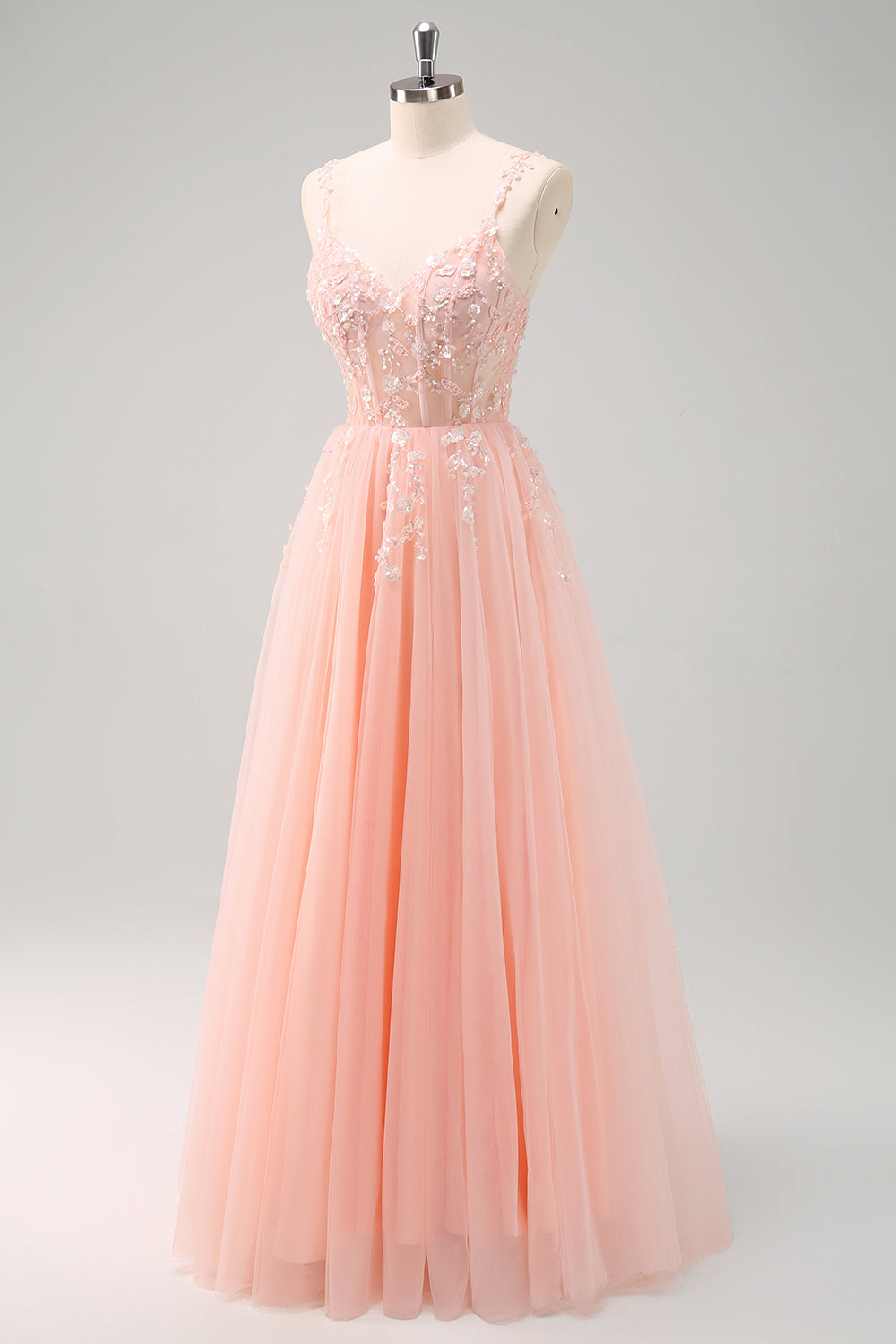 Sparkly Floral Blush Corset Tulle Long Prom Dress